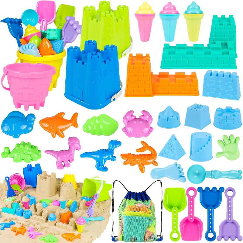 Photo 1 of Beach Toys for Kids Toddlers, Sand Castle Toys with 4 Sand Bucket and Shovels, Mesh Bag & Molds, Ice Cream Travel Sandbox for Beach Sandbox for Toddlers Kids Baby Boys Girls Age 3-10