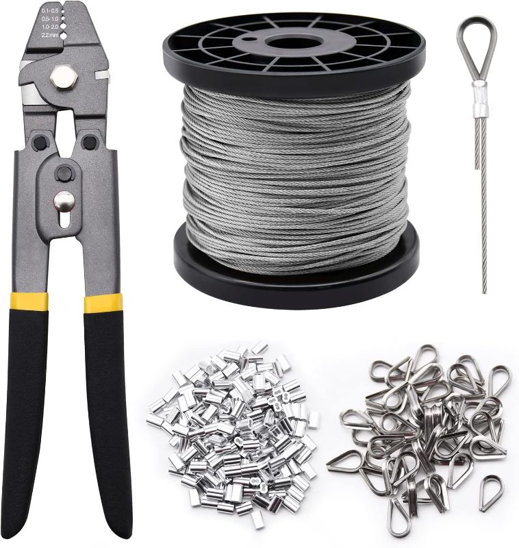 Photo 1 of 328ft Wire Rope Crimping Tool Kit, Stainless Steel Wire Rope Cable with Aluminum Crimping Sleeves and Stainless Steel Thimbles for Railing, Decking, Picture Hanging (328ft)