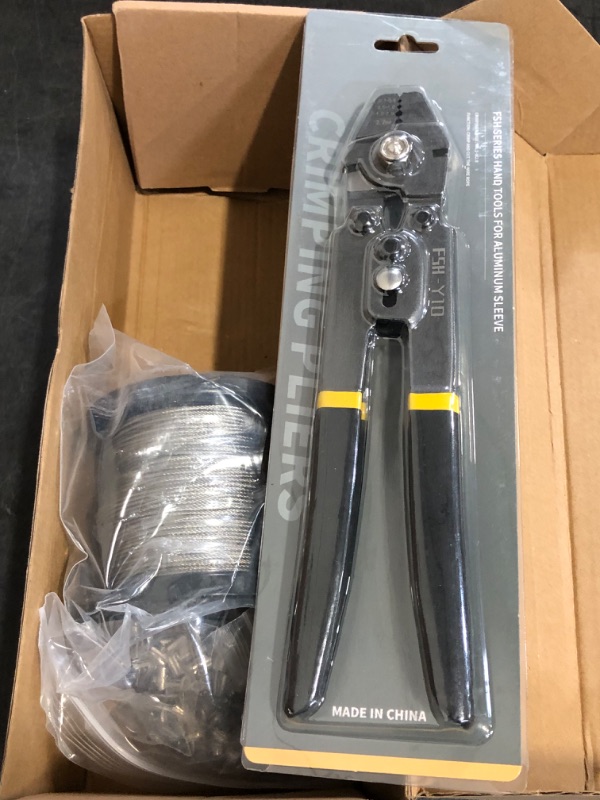 Photo 1 of 328ft Wire Rope Crimping Tool Kit, Stainless Steel Wire Rope Cable with Aluminum Crimping Sleeves and Stainless Steel Thimbles for Railing, Decking, Picture Hanging (328ft)