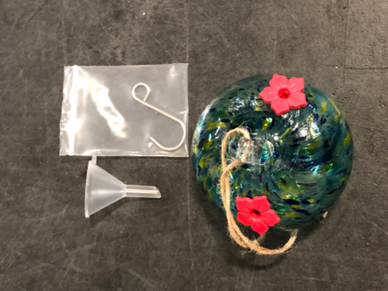 Photo 1 of Blown Glass Hummingbird Feeders for Outdoors Small Glass Hummingbird Feeders to Attract Hummingbirds Ant and Bee Resistant Round Feeder Unique Gifts for Woman - 2 Feeding Ports