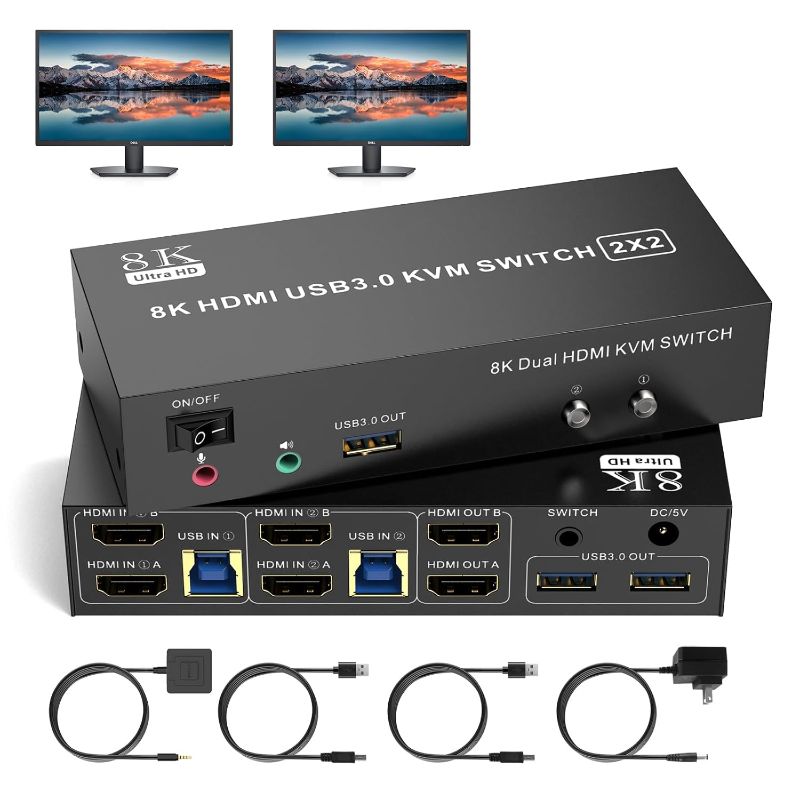Photo 1 of 8K HDMI KVM Switch 2 Monitors 2 Computers Support 8K@60Hz 4K@60Hz, Dual Monitor KVM Switcher PC Extended Display for 2 Port Share 4 USB 3.0 Keyboard Mouse Hard Drives Printe with Desktop Controller