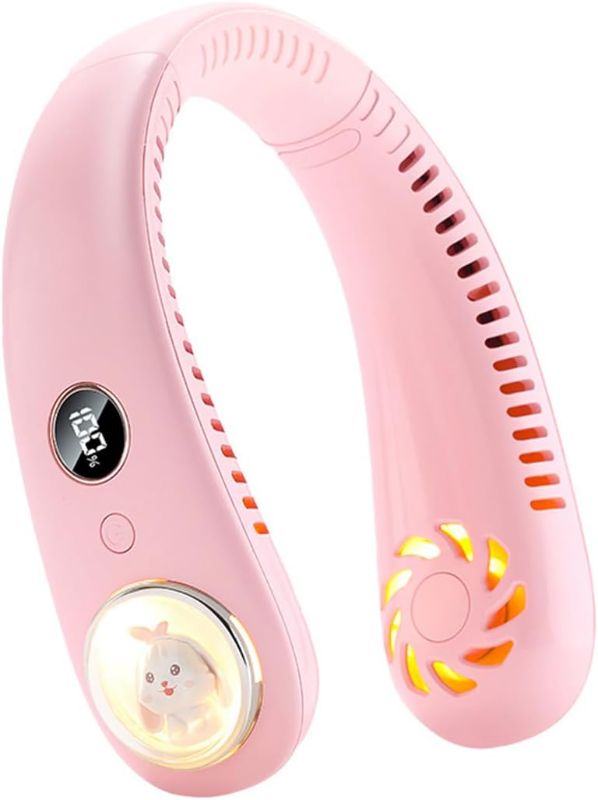 Photo 1 of Cute Cartoon Neck Fan for Kids Children Girls Boys, Portable USB Rechargeable Bladeless Neckband Fan with 3 Speeds & Night Light, Lightweight Hands Free Wearable Fan, Gift Pink2