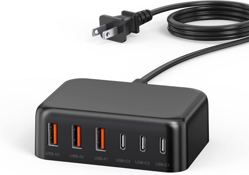 Photo 1 of USB C Fast Charger, 100W GaN 6 Port Type USB C Charging Station Hub Block Cube, Wall Charger Power Strip Adapter Plug for iPad iPhone 16 15 14 13 12 Pro Max Pixel Note Galaxy, 5ft Cord