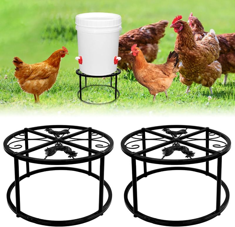 Photo 1 of 2-Pack Metal Stand for Chicken Feeder Waterer, Heavy Duty Round Iron Supports Rack for Buckets Barrels Equipped Installed with Feeder Waterer Port, for Coop Poultry Indoor Outdoor, Black