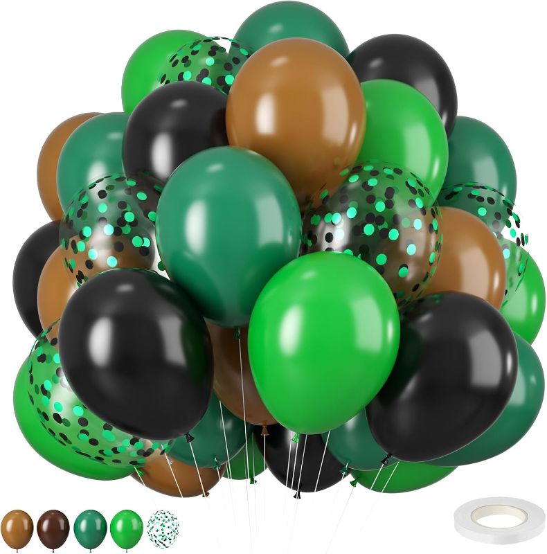 Photo 1 of Green and Brown Balloons, 12 Inchs Retro green Black Latex Ballons Confetti Black Green Balloon for Boys Video Game Theme Jungle Safari Party Baby Shower Wedding Grauation Birthday Decorations