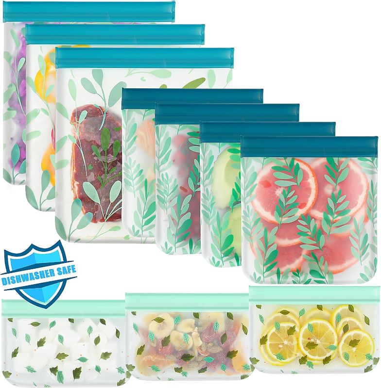 Photo 1 of 10 Pack Dishwasher Safe Reusable PEVA Food Storage Bags, Leak proof Reusable Freezer Bags for Food Storage Home Organization Traval & Make-up BPA FREE for Food Storage Home BPA FREE for Salad Fruit