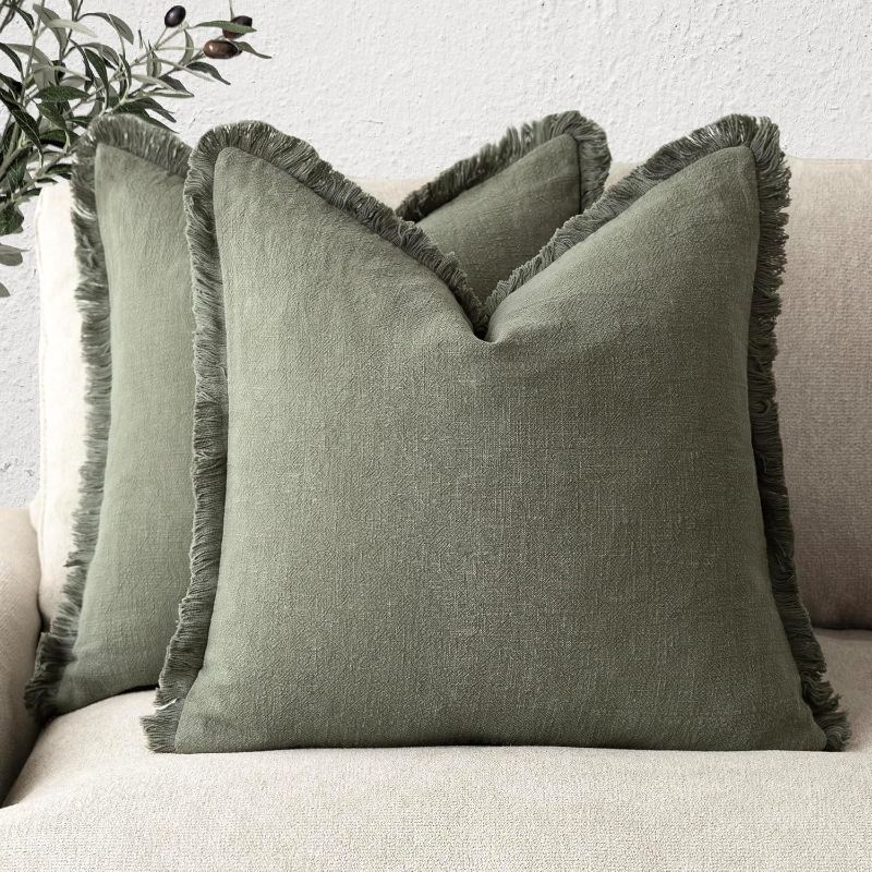 Photo 1 of Foindtower Set of 2 Decorative Linen Fringe Throw Pillow Covers Cozy Boho Farmhouse Cushion Cover with Tassels Soft Accent Pillowcase for Couch Sofa Bed Living Room Home Decor, 24×24 Inch, Olive Green