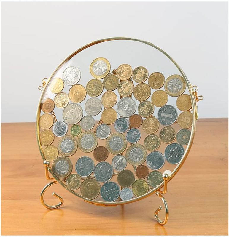 Photo 1 of Ebrima Gold Glass Frame for Coin Display, Wall Hanging Coin Collecting Holders, Currency Dollar Bill Collection Supplies Holders for Collectors, Glass Piggy Bank (Round with bracket)