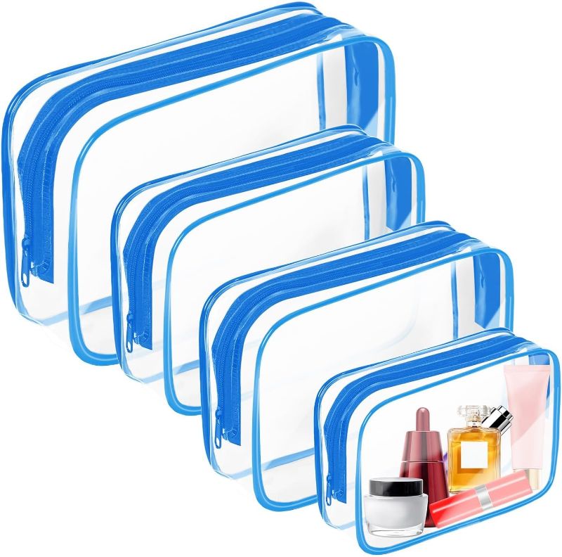 Photo 1 of AURUZA 4 Pack Clear Toiletry Bag,Portable Travel Makeup Bags with Zipper, TSA Approved Clear Organizer Bags, PVC Cosmetic Pouch for Airport Airline Compliant (4 Packs Blue)