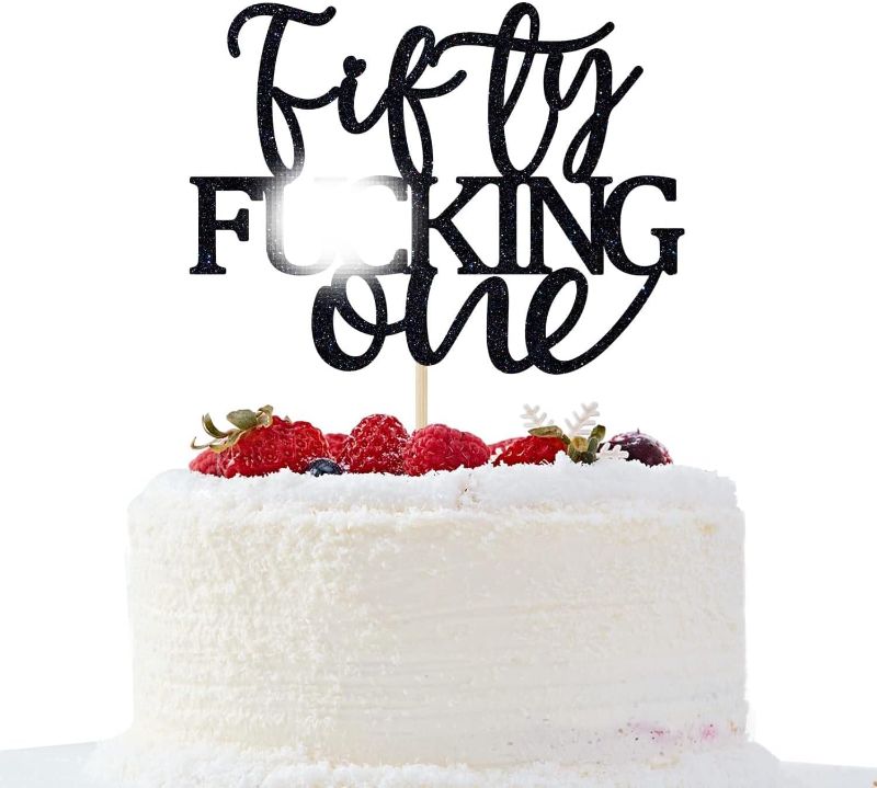 Photo 1 of Fifty F*cking One Cake Topper - Happy 51st Birthday Cake Decor - Cheers to 51 Years Birthday Party Decorations Supplies, Black Glitter