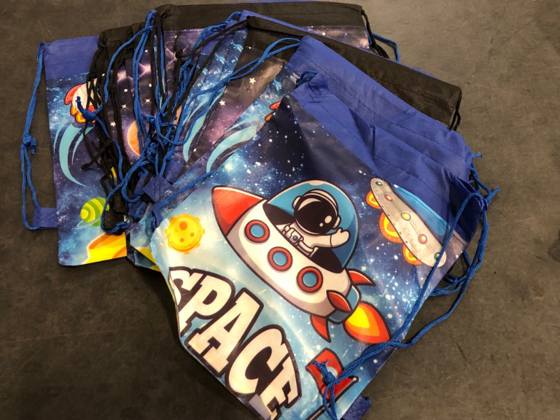 Photo 1 of CHENGU 21 Pack Outer Space Party Favors Drawstring Bags Galaxy Birthday Party Supplies Starry Sky Solar System Goodie Gift Bags for Kids Boys Girls Loot Candy Snack School Travel Storage Backpack