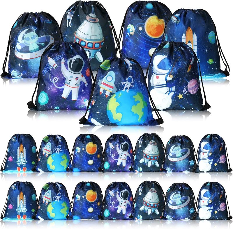 Photo 1 of CHENGU 21 Pack Outer Space Party Favors Drawstring Bags Galaxy Birthday Party Supplies Starry Sky Solar System Goodie Gift Bags for Kids Boys Girls Loot Candy Snack School Travel Storage Backpack