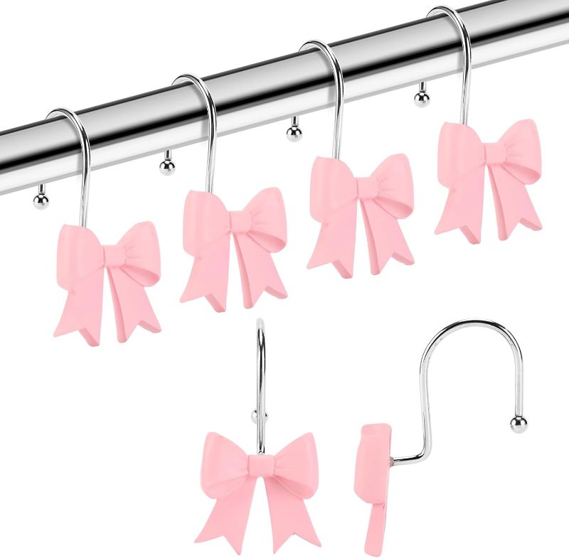 Photo 1 of Bow Shower Curtain Hooks, 12 Pack Decorative Resin Knots, Rustproof Rings for Bathroom Bedroom Living Room Baby Room Nursery Art Decors (Pink)