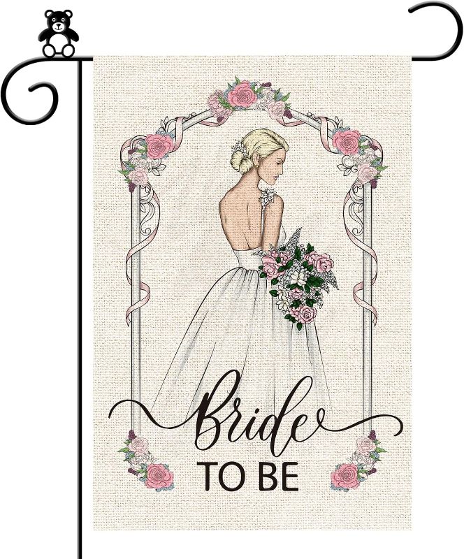 Photo 1 of Bride to Be Wedding Garden Flag Double Sided, Mrs Gift Wedding Bride Shower Bachelorette Party Banner Garden Flag Yard Outdoor Decor Sign, Burlap 12 x 18"