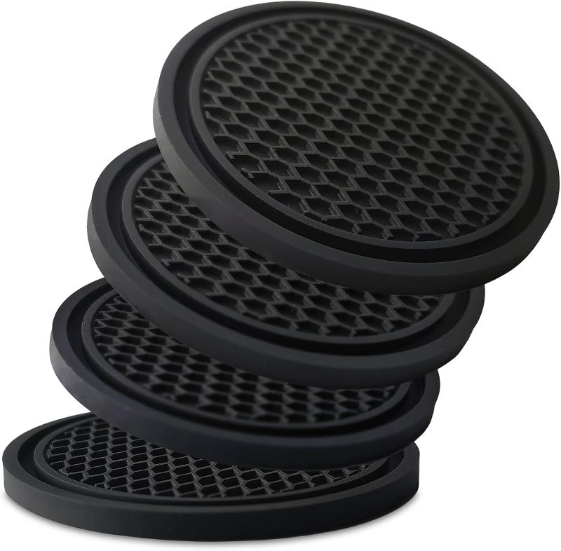 Photo 1 of Car Cup Holder Coaster 4 Pack - Non Slip & Shockproof,Flexible PVC Rubber Insert for Car/Truck/SUV/Van (2.75"x0.2") Universal Fit Auto Cup Holders Accessories for Women and Man (Black)