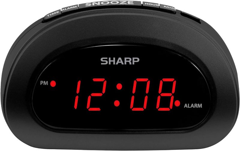 Photo 1 of Sharp Small Digital Alarm Clock with Snooze and Battery Backup, Easy to Use Top Button Controls for Simple Use, Black Case with Red Easy to Read LED Display