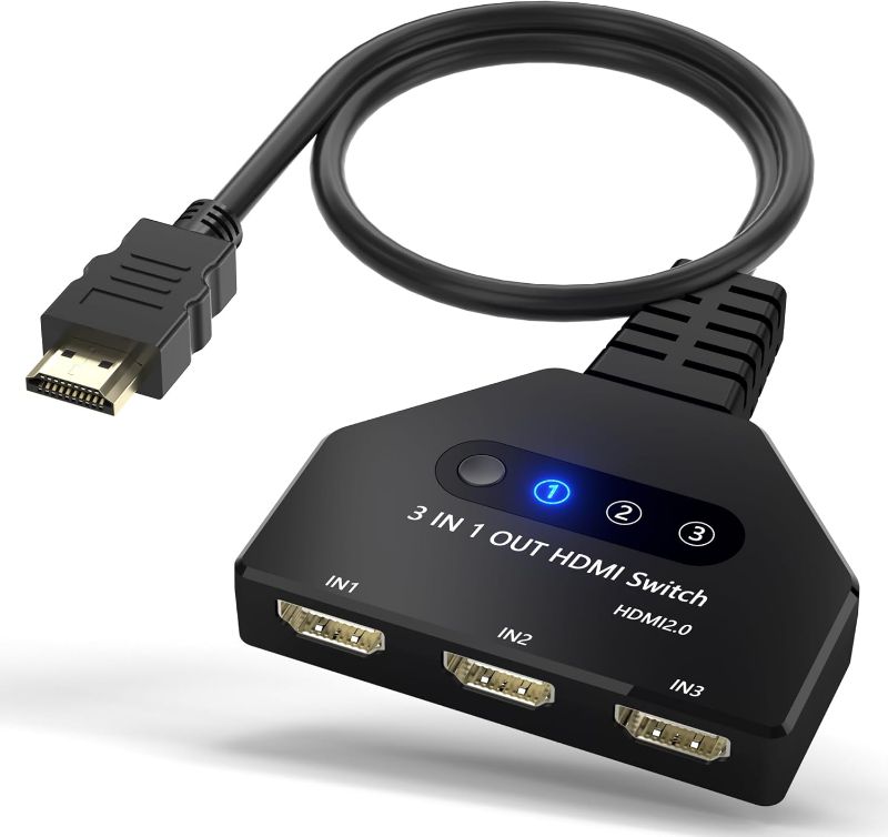 Photo 1 of HDMI Switch, HDMI Splitter 3 in 1 Out 4K@60Hz, 3-Port Switcher Selector with Pigtail Cable, Multi-Port Hub Supports 3D, HDCP2.2, HDR Compatible with Laptop, Xbox, Blu-Ray Player, Etc.