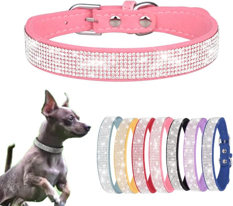 Photo 1 of Small Dog Collar, Bling Rhinestone Diamond Fancy Crystal Glitter Pretty Jewel Pet Puppy Collars for XXS XS Small Medium Large Breed Girl Female Dogs Cats, Pink S