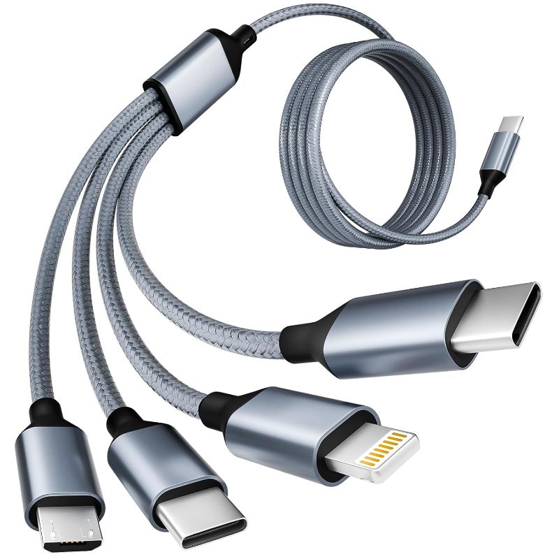 Photo 1 of USB C Multi Charging Cable [1Pack 5FT], 4 in 1 Charging Cable Nylon Braided USB-C Multiple Charger Cord with Micro USB,IP Port and 2 Type C Adapter Port for iPhone 16/15 Series/Cell Phones and More