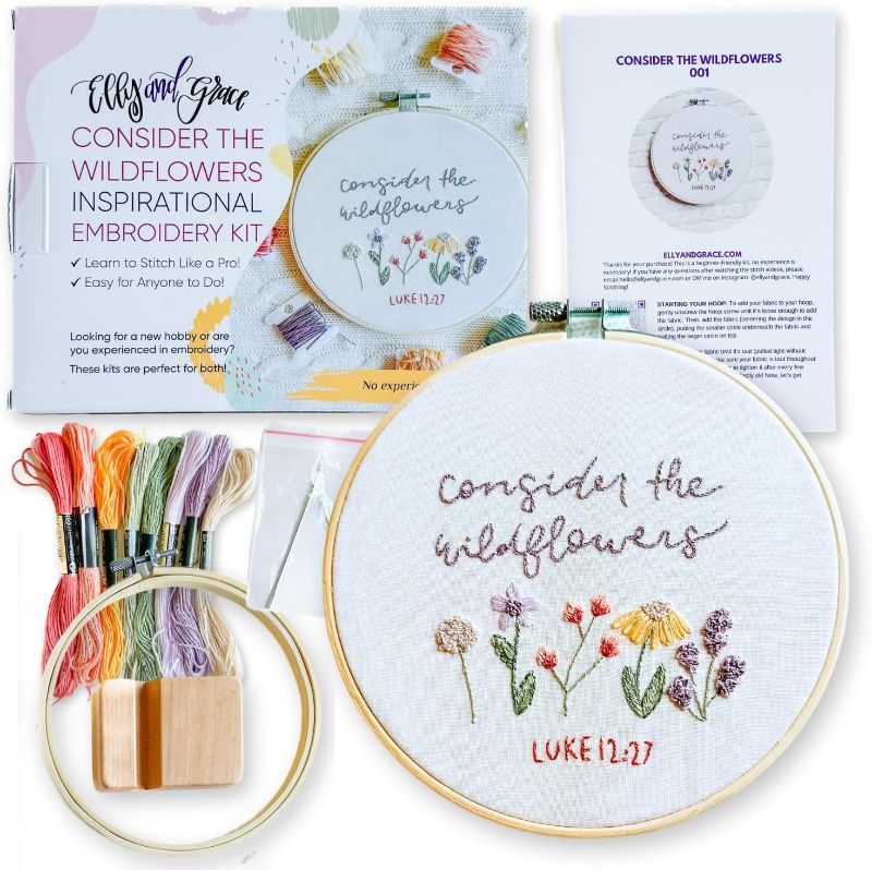 Photo 1 of **Different Design** Elly & Grace Christian Embroidery Kit with Embroidery Hoop, Easy Embroidery Kit for Beginners and Adults, Full Embroidery Hoop Kit with Needles and Thread Included