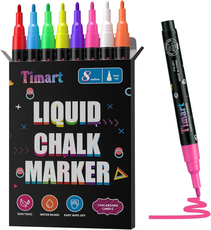 Photo 1 of Timart Extra Fine Tip Chalk Markers (8 Pack 1mm Point), Liquid Chalk Pens - Dry Erase Marker Pens for Blackboard, Chalkboards, Windows, Glass, Bistro, Cars, Signs, Chalkboard Labels Included