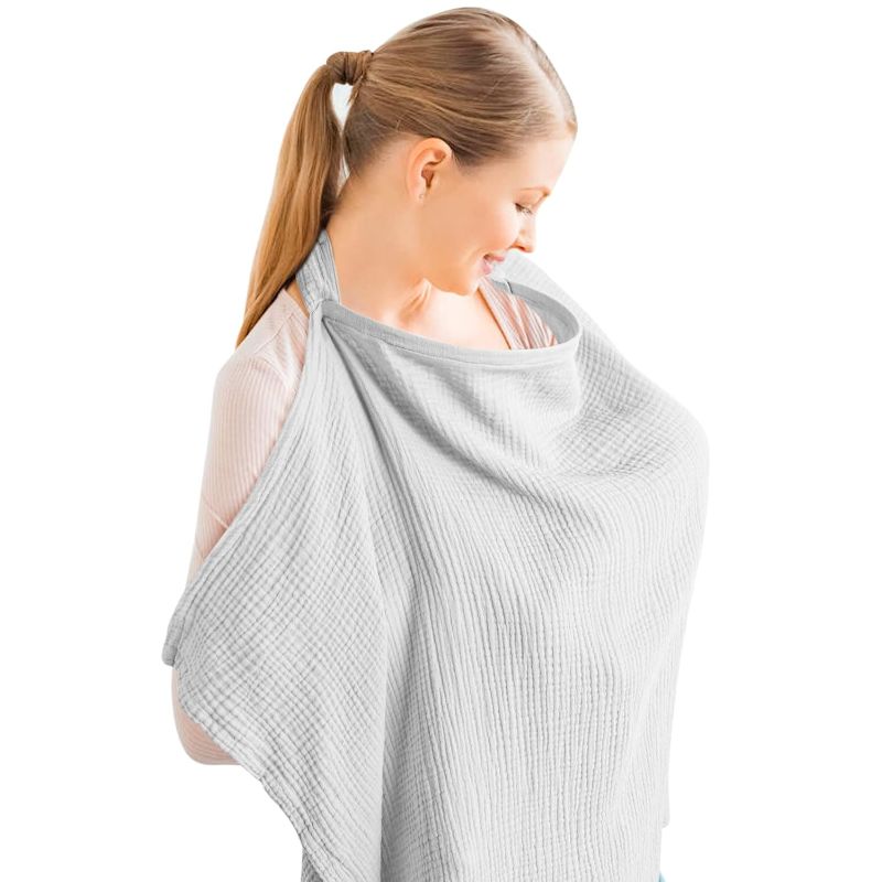 Photo 1 of Konssy Muslin Nursing Cover for Baby Breastfeeding, Breathable 100% Cotton Breastfeeding Cover with Rigid Hoop for Mother Nursing Apron, Multi-use Carseat Canopy (Grey)