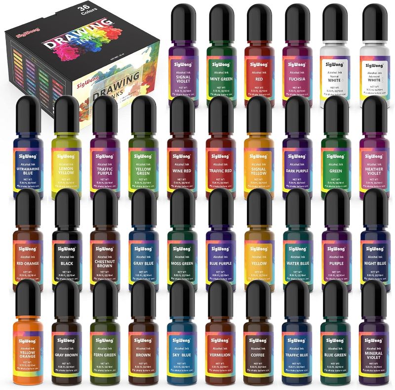 Photo 1 of Alcohol Ink Set - 36 Bottles Vibrant Colors High Concentrated Alcohol-Based Ink, Concentrated Epoxy Resin Paint Colour Dye Great for Resin Petri Dish, Coaster, Painting, Tumbler Cup Making(10ml Each)