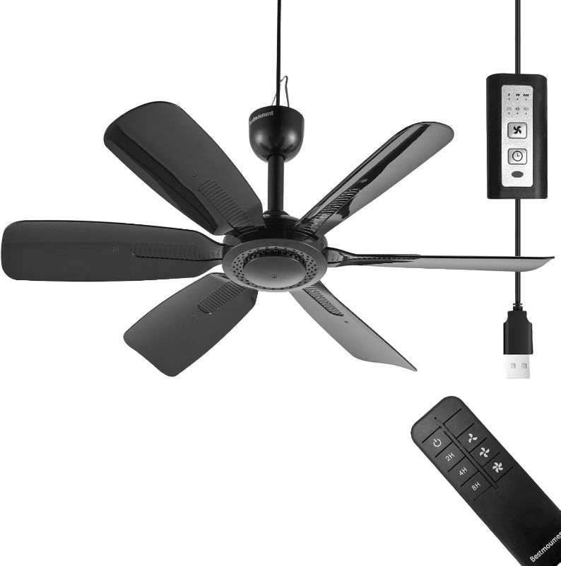 Photo 1 of 17.7" Inch Portable Ceiling Fan with Remote Control Timing 3 Speed,USB Plug In,5V DC Powered,6 Blades,Indoor/Outdoor RV Camping Tent Canopy,Gazebo,Beach,Hanging,Quiet,black
