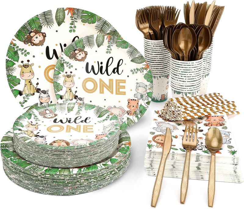 Photo 1 of 400pcs wild one birthday decorations for 1st Birthday Decorations,Plates Set for 50 Guests, Jungle Theme Party Supplies Tableware Includes Plates and Cups and Napkins Straws Sets (50 pack)