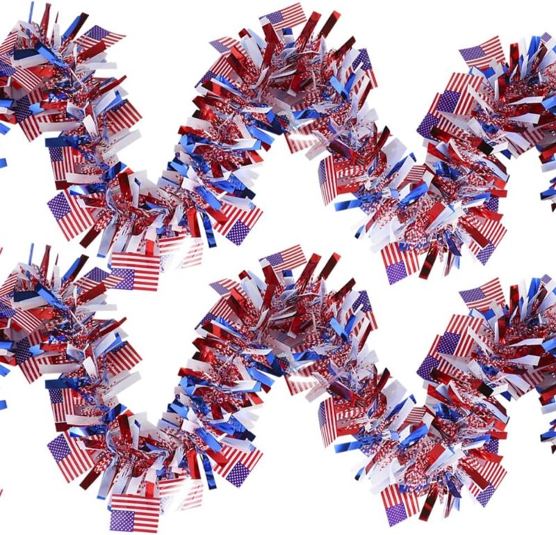 Photo 1 of GSHLLO 4 Strips American Flag Garlands Christmas Tree Tinsel Garlands 4th of July Hanging Garlands Red White Blue Garland Party Wall Garland for Indoor Outdoor