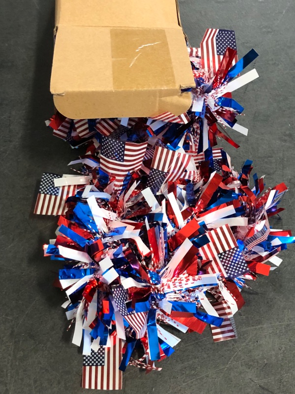 Photo 1 of GSHLLO 4 Strips American Flag Garlands Christmas Tree Tinsel Garlands 4th of July Hanging Garlands Red White Blue Garland Party Wall Garland for Indoor Outdoor