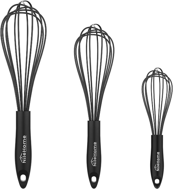 Photo 1 of Missing Large One ** NileHome Upgrade Silicone Whisk Set 8" 10" 12" Kitchen Whisk Kitchen Wisk Wire Whisks for Cooking, Whisking, Blending, Beating, Stirring-Black