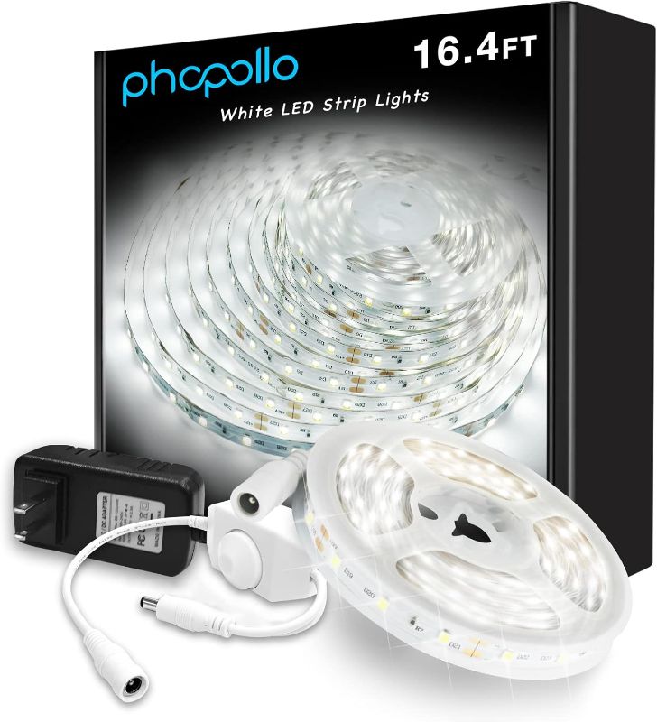 Photo 1 of Phopollo White LED Strip Lights, 16.4ft Dimmable 6500k Daylight White Led Light Strip, 300 LEDs Flexible Led Lights for Bedroom, Mirror, Kitchen Decoration