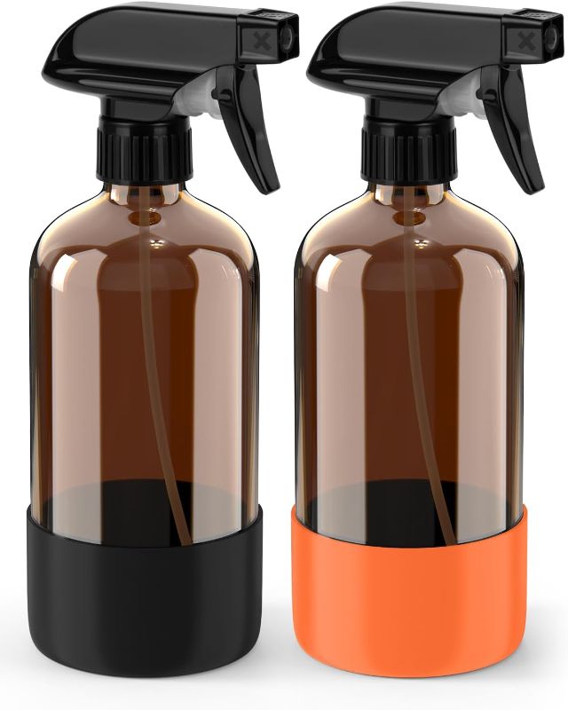 Photo 1 of Glass Spray Bottle with Silicone Sleeve Protection, Amber Glass Spray Bottle Set for Non-toxic Window Cleaner Aromatherapy Facial Hydration Watering Flowers Hair Care 2 Pack/16 oz (Black & Orange)
