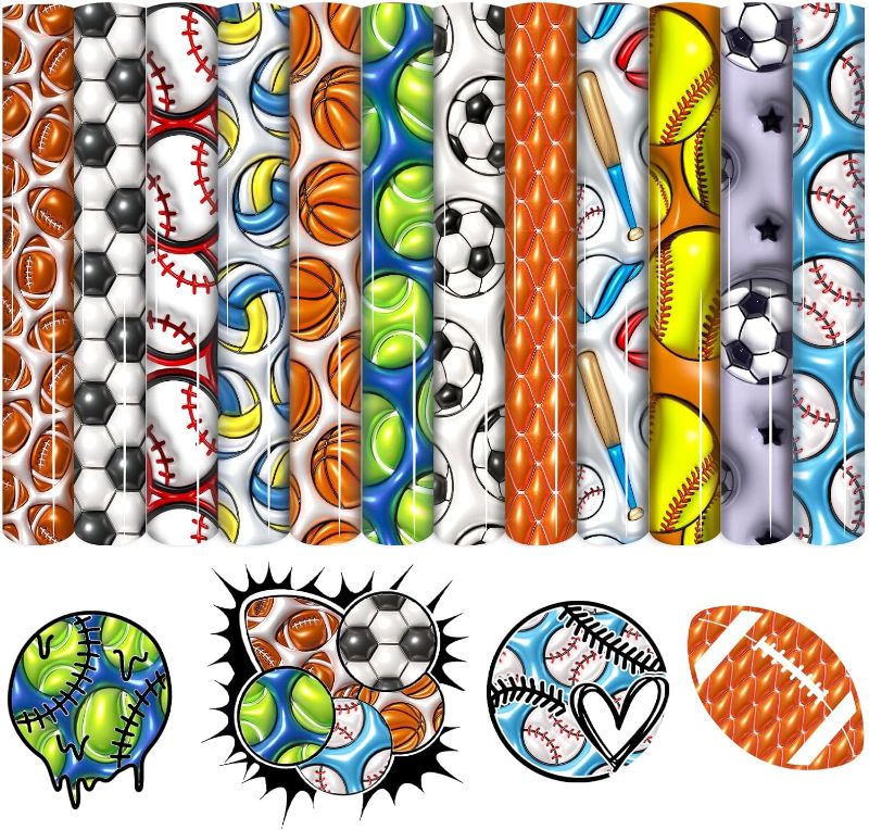 Photo 1 of 3D inflated Patterned HTV Vinyl - 12 Sheets 12"x10" Sports Ball Heat Transfer Vinyl Baseball/Basketball/Tennis Ball Iron on Vinyl for T-Shirts HTV