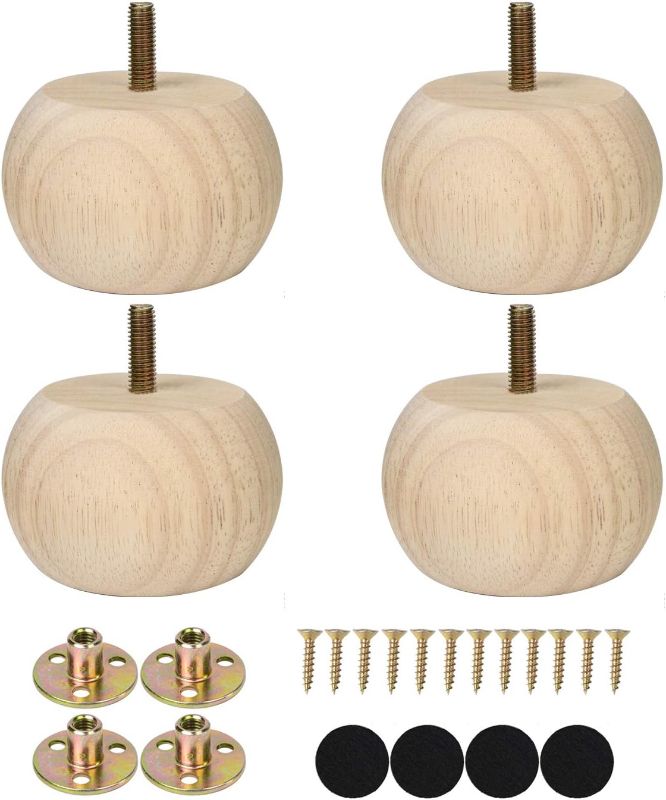 Photo 1 of 2 Inch Bun Feet for Furniture Unfinished Solid Hardwood Round Ottoman/Couch/Sofa Legs Set of 4 M8 Bolt Predrilled