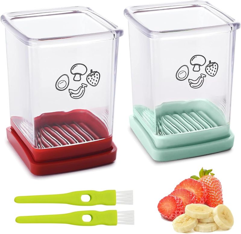 Photo 1 of 2 Pcs Cup Slicer, Stainless Steel Strawberry Slicer Egg Slicer Banana Slicer Fruit Slicer, Speed Fruit Cutter with Push Plate, Quickly Making Fruit Vegetable Salad, Must Have Kitchen Gadget (Cyan+Red)