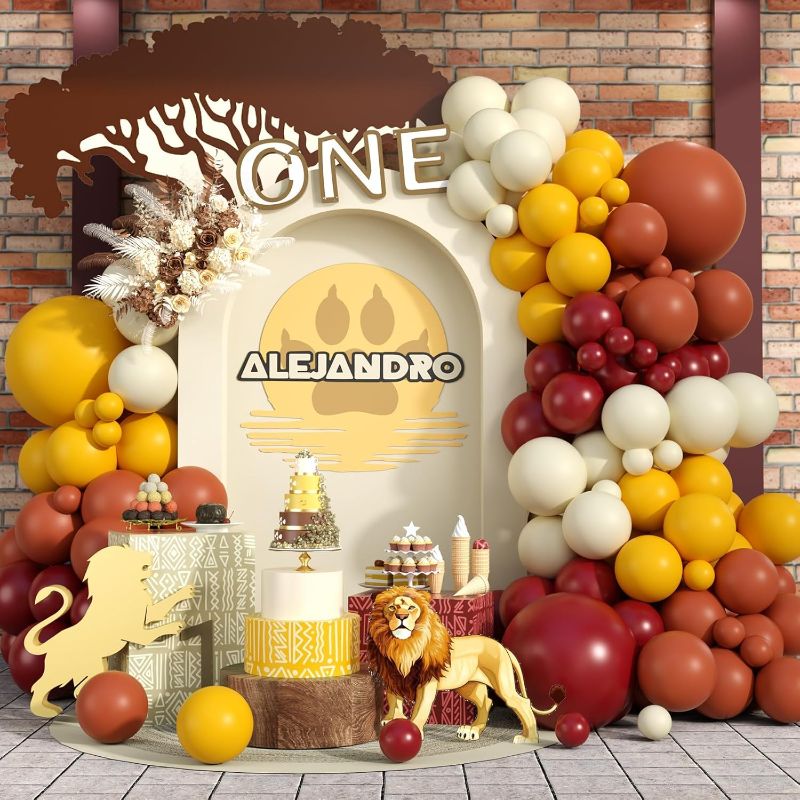 Photo 1 of 129PCS Safari Lion Theme Balloon Arch Kit, Burgundy Red Maroon Dusty Yellow Light Brown Retro Orange Beige Balloon Garland for Boys African Wildlife Animal Birthday Baby Shower Party Decorations