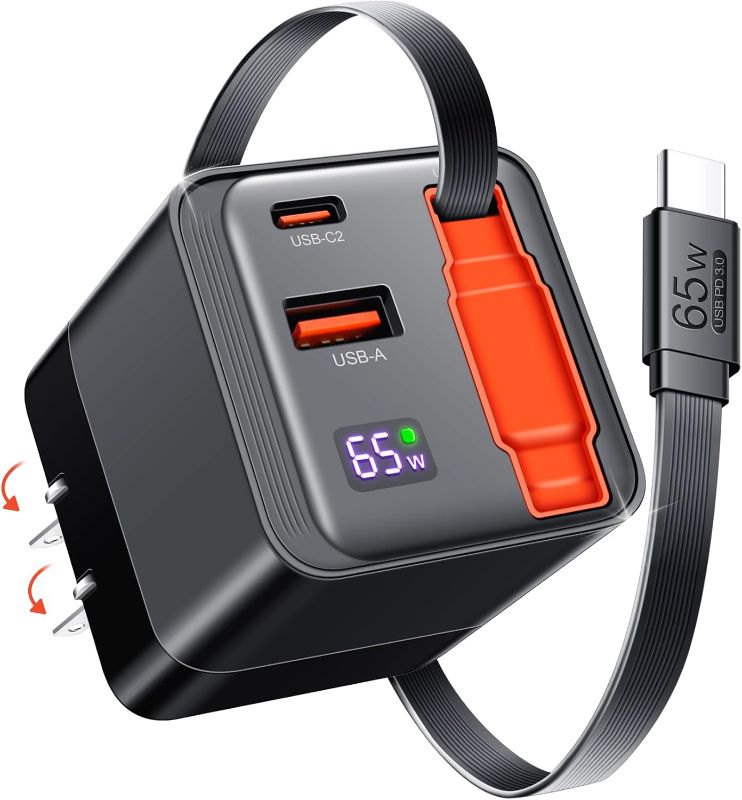 Photo 1 of 65W Retractable USB C Charger Block, PD PPS Fast Charging Wall Charger with Retractable Type-C Cable and Dual Port, Portable GaN3 with Foldable Plug for MacBook, iPhone 16, iPad, Galaxy, Pixel