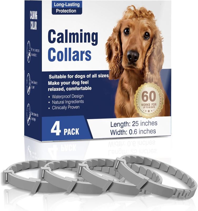 Photo 1 of Calming Collar for Dogs 4 Packs Pheromone Collars Relief Anxiety Stress Separation and Bad Behavior Dog Pheromones Calm Fit Small Large Medium Breed Lasts 60 Days 25 Inches Size Adjustable Waterproof