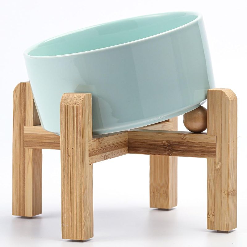 Photo 1 of Petygooing Raised/Elevated 15°Slanted Ceramic Dog Bowl for Small Breeds,Tilted Anti Slip Pet Bowl,Food Water Dish with Stand for Cats and Small Dogs Puppy 13.5 OZ (5.1In / 1.7 Cups) Blue Sky