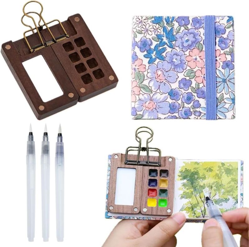 Photo 1 of Portable Sketchbook Palette Set - 8 Grids Mini Wood Travel Paint Palette Box for Gouache, Acrylic Painting - Comes With Watercolor Paper Journal, Brush Pens and Clip