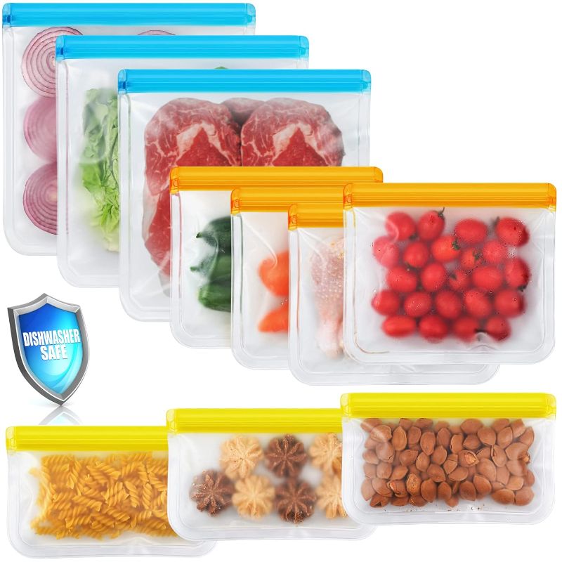 Photo 1 of 10 Pack Dishwasher Safe Reusable Bags, Leakproof Reusable Freezer Bags, BPA Free Food Storage Bags for Lunch Marinate Food Travel - 3 Gallon 3 Snack 4 Sandwich Bags