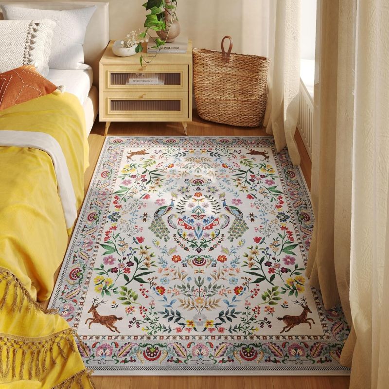 Photo 1 of 3x5 Rug Washable Area Rug Floral Office Rug Non Slip Small Carpet for Bedroom, Bedside, Kitchen, Entryway, Kids Room, Office(Colorful)