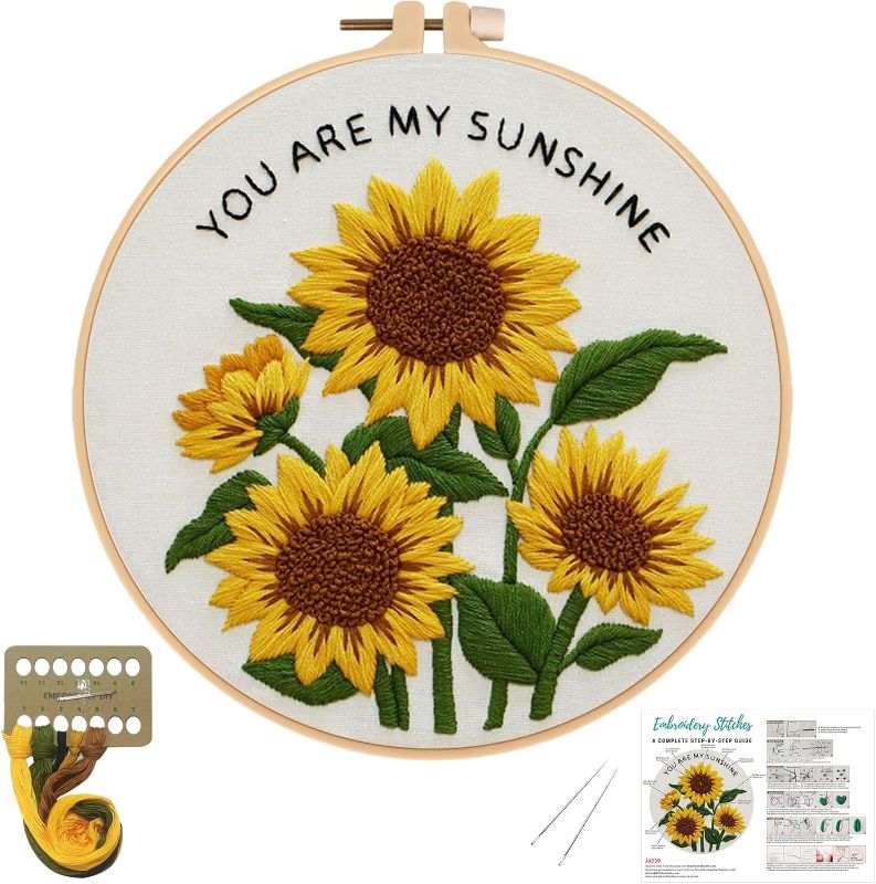 Photo 1 of Nuberlic Sunflower Embroidery Kit for Beginners -Adults Starter Cross Stitch Kit DIY Needlepoint with Hoop, Pre-Printed Fabric, Threads & Step-by-Step Guide