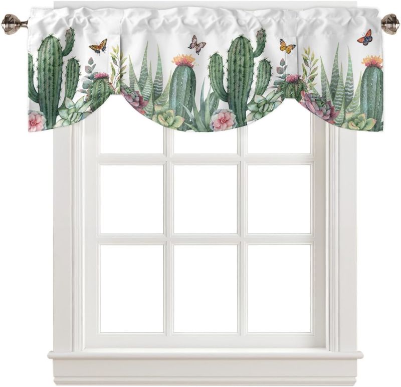 Photo 1 of Cactus Tie Up Valance Curtains Summer Tropical Cactus Plant Window Valance for Kitchen Cafe Bathroom Rod Pocket Window Treatment Valances 42 x 12Inch, 1 Panel