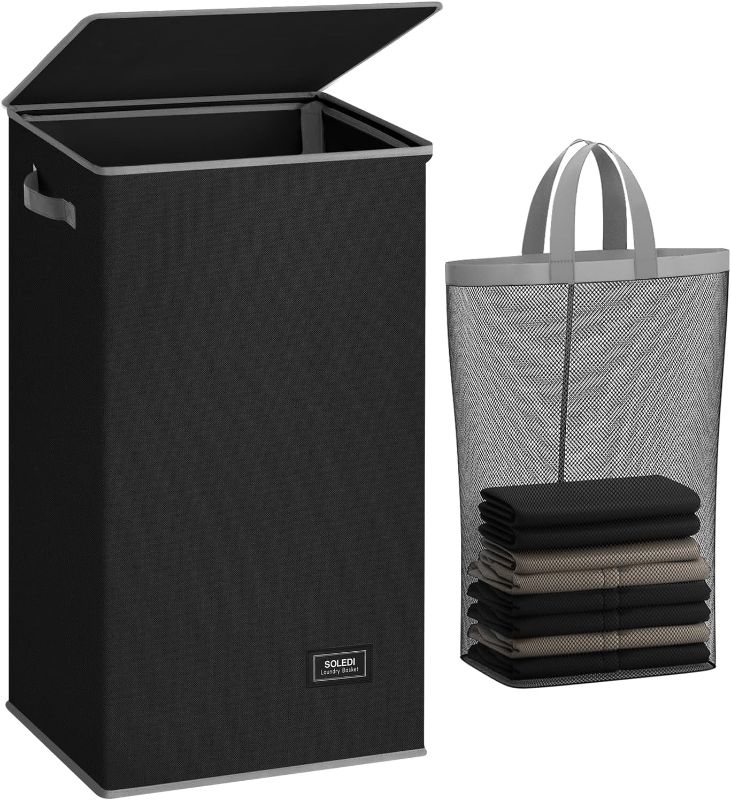 Photo 1 of SOLEDI Laundry Hamper Black with Lid and Removable Bag - 100L Large and Tall Laundry Basket Collapsible with Handle for Clothing and Toys Storage - Dirty Clothes Hamper for Bedroom, bathroom, dorm
