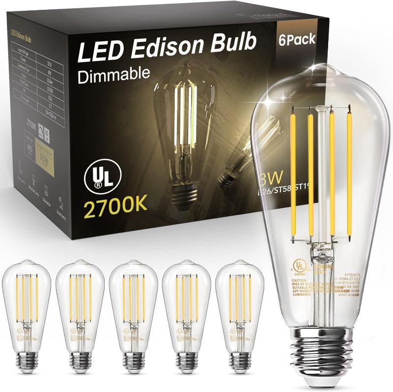 Photo 1 of Dimmable Vintage LED Light Bulbs, E26 Medium Base, Warm White 2700K, ST58, 8W, 800LM, 80+ CRI, Antique Decorative Filament LED Bulb, Clear Glass, 6 Pack