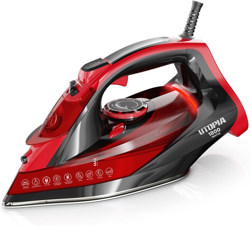 Photo 1 of Utopia Home Steam Iron for Clothes - Non-Stick Soleplate - 1800W Clothes Iron With Auto-Off Safety Feature - Adjustable Thermostat Control, Variable Steam Control, Self-Clean, 8 Feet Cord (Black/Red)