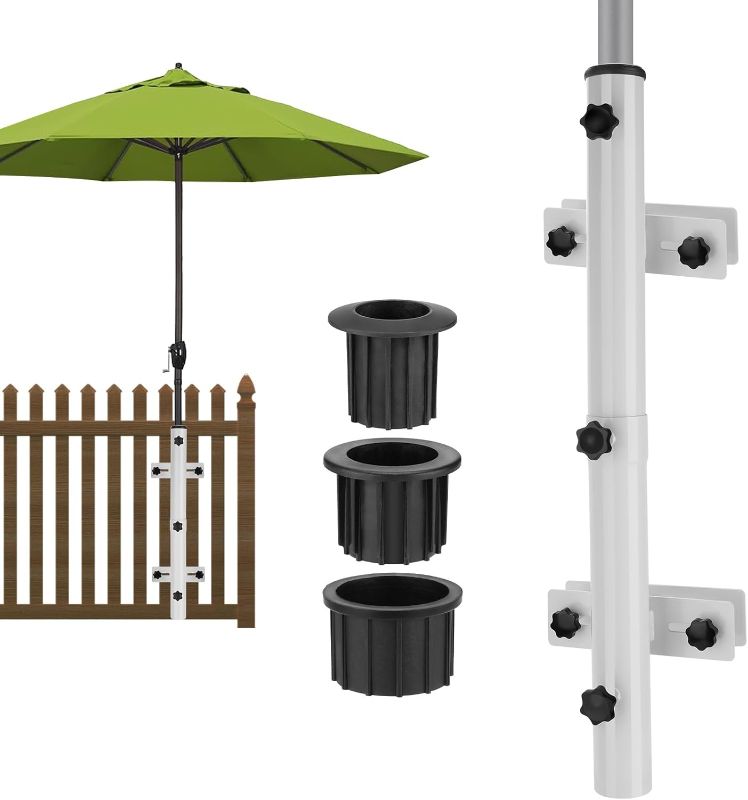 Photo 1 of Umbrella Stand for Deck Railing, Long Patio Fence Umbrella Holder Clamp Outdoor, Adjustable Deck Post Parasol Mount Bracket, Metal Balcony Parasol Base Clip on Porch, Courtyard (White)